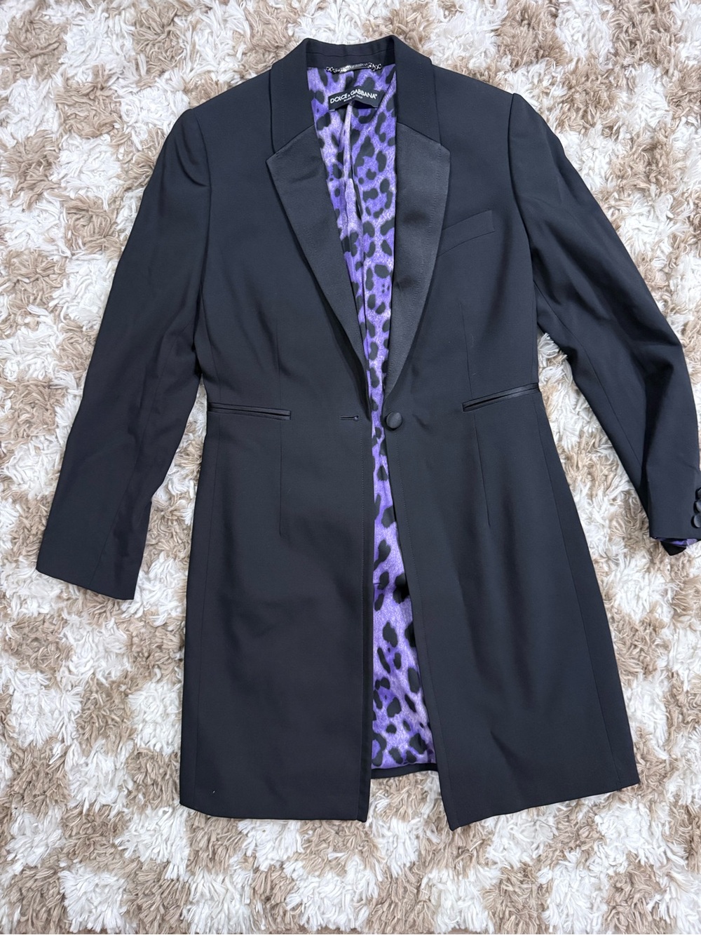 Dolce & Gabbana Black Long Blazer with Purple Leopard-Print Lining